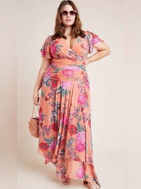 Anthropologie Maeve Peach, Pink  Floral High-Low Midi Dress NEW WITHOUT TAGS💖